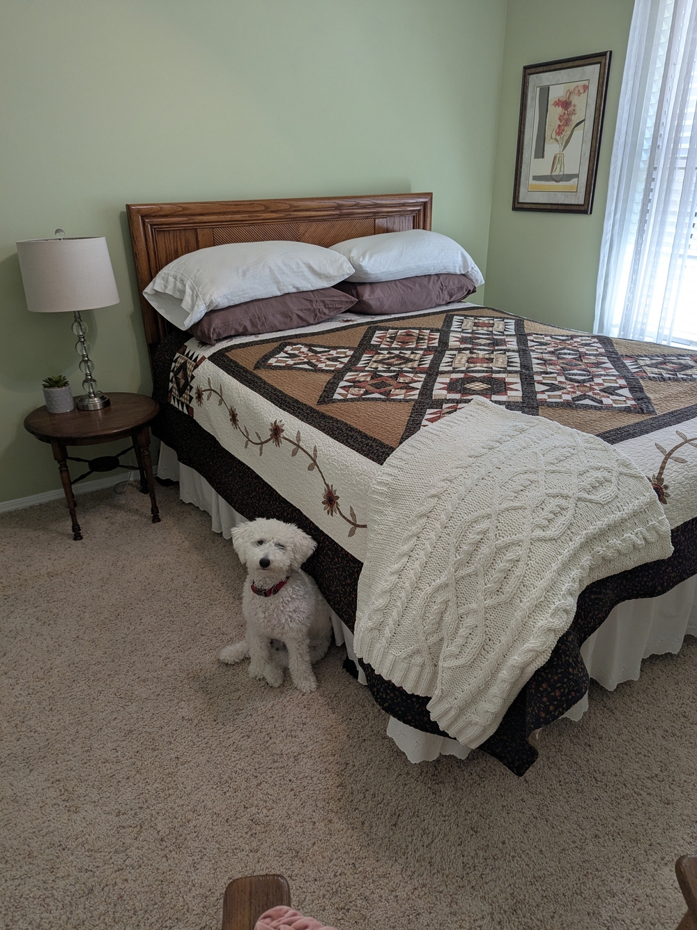 Patchwork Brown & Cream Quilt with Floral Appliqué
